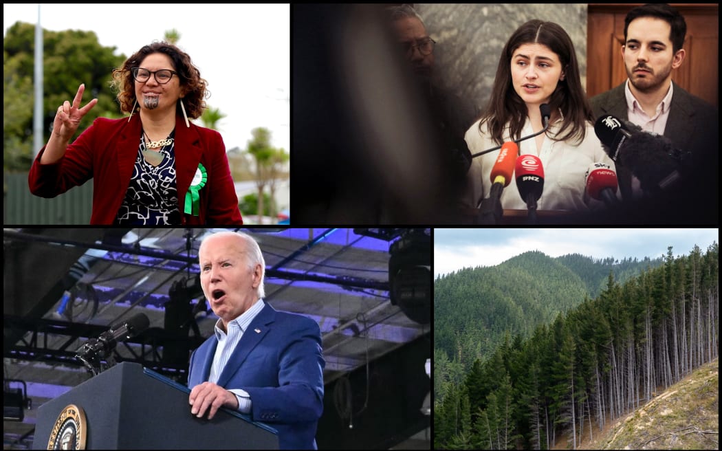 Composite images of Darleen Tana, Chloe Swarbrick, Joe Biden, pine forest.