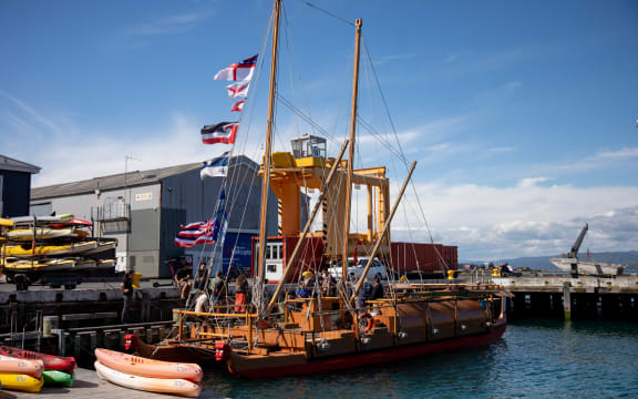 Te Aurere sails along Wellington Harbour to celebrations for the 30th anniversary of the voyage to Rarotonga