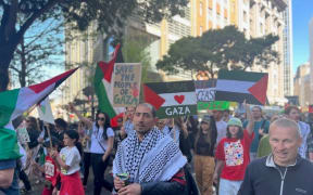 Protesters supporting the people of Palestine, marching in Wellington on 28 October, 2023.