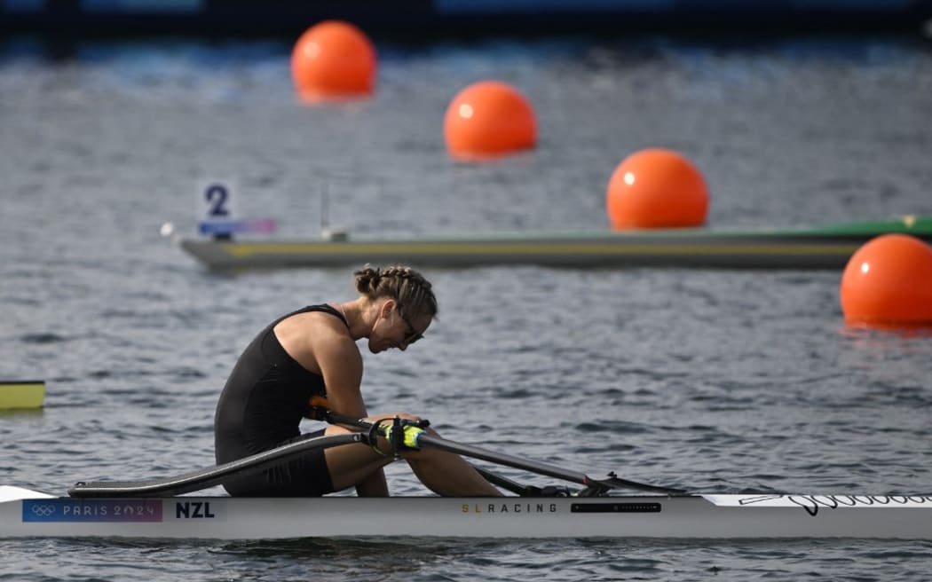 New Zealand's silver medallists Emma Twigg reacts after competing in the women's single sculls final rowing competition at Vaires-sur-Marne Nautical Centre in Vaires-sur-Marne during the Paris 2024 Olympic Games on August 3, 2024. (Photo by Olivier MORIN / AFP)