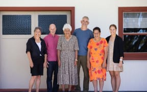 Erin Gardiner, Dr Jeremy Rossaak;Pauline Harawira, Professor Parry Guilford;Maybelle Mcloed and Associate Professor Karyn Paringatai at the front roro at Tamapahore wharenui.
