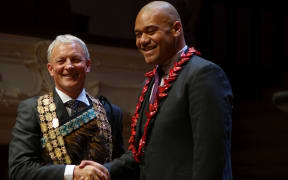 Mayor Phil Goff and councillor Efeso Collins at the Auckland Council swearing-in ceremony.