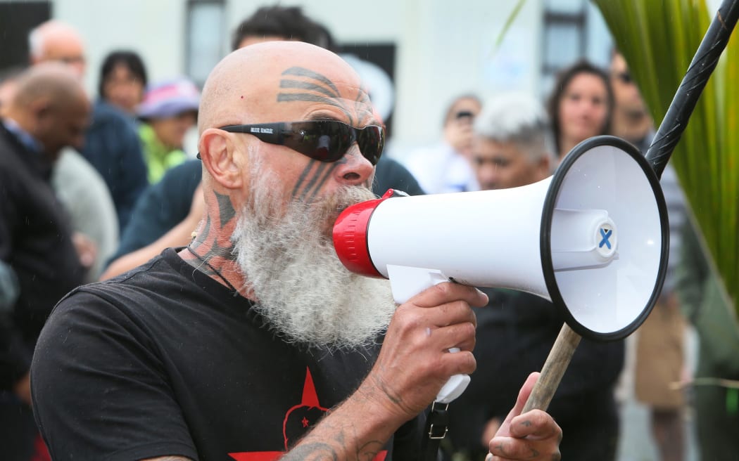KDC Mangawhai Māori ward meeting protest organiser Paturiri Toata at the 2022 Dargaville protest against KDC's removal of karakia from the start of council meetings