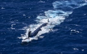 View of a US nuclear submarine during military exercises 70 nautical miles (130 kilometers) off Cartagena, Colombia, on February 28, 2022.