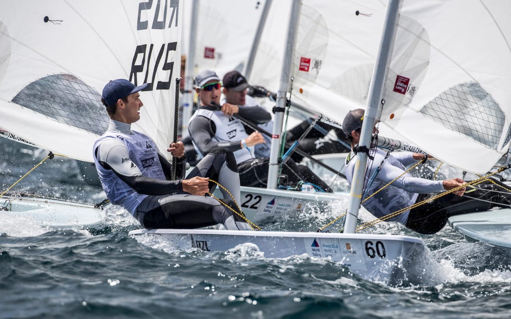 Thomas Saunders in action in the Laser class at a World Cup regatta in Hyeres, France in 2018.