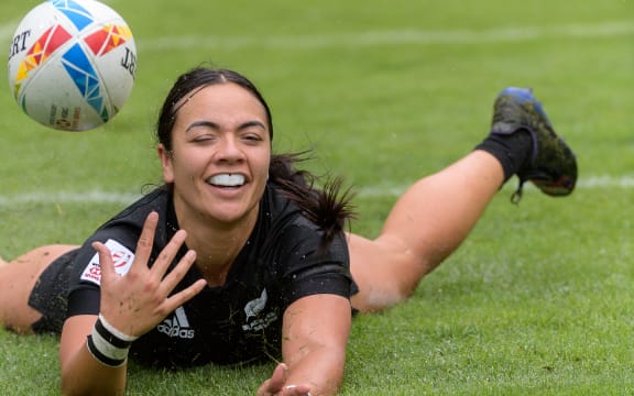 New Zealand Black Ferns sevens Stacey Waaka throws the ball on scoring a try in Hong Kong 2023