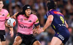 Jarome Luai of the Panthers runs with the ball during the NRL Grand Final match between the Melbourne Storm and the Penrith Panthers at Accor Stadium in Sydney, Sunday, October 6, 2024. (AAP Image/Mark Evans/ Photosport)