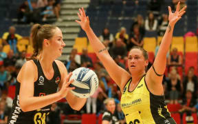 WBOP Magics Monica Falkner and Central Pulses Cathrine Tuivaiti in action in Rotorua.