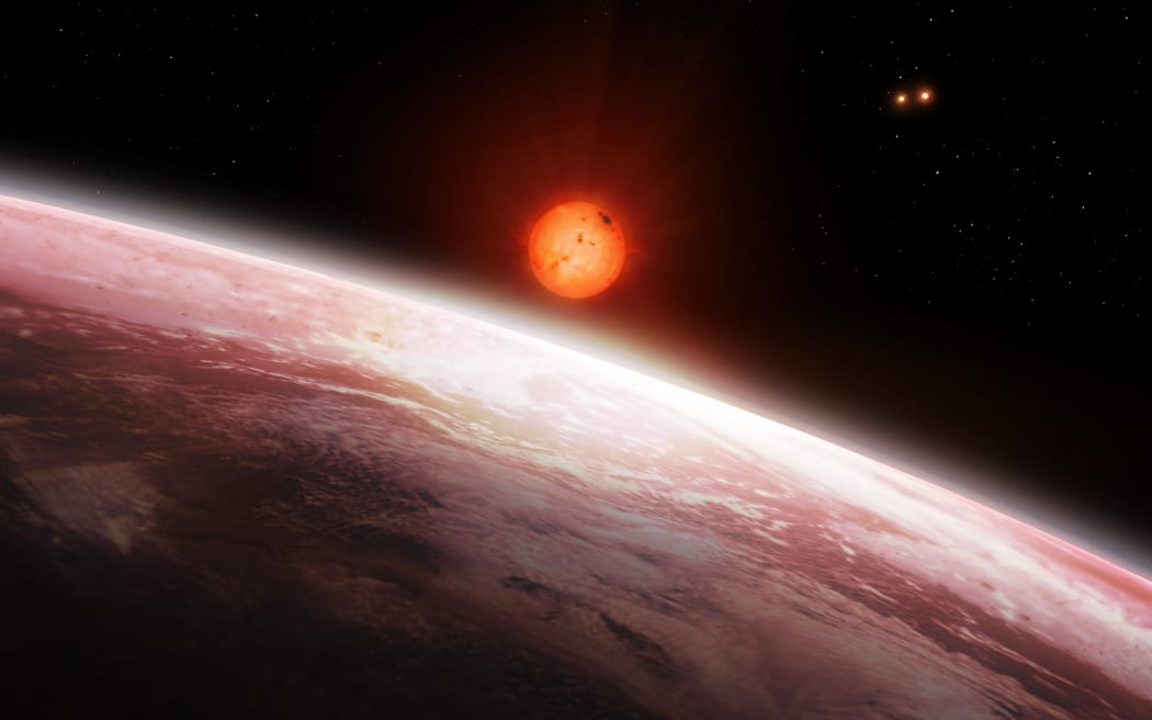 Illustration of the view from the innermost of the two exoplanets orbiting Gliese 667 C (largest star, a red dwarf) in the Gliese 667 system.