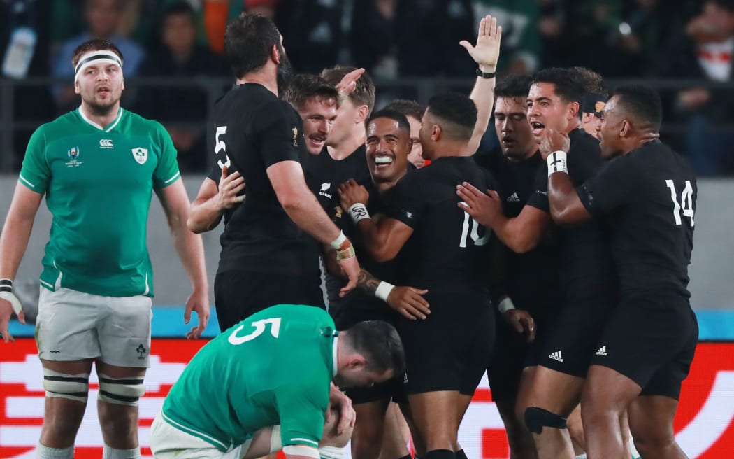 Aaron Smith of New Zealand celebrates after scoring a try in the first half of the 2019 Rugby World Cup Japan Quarter-Finals match against Ireland at Tokyo Stadium in Chofu City, Tokyo on October 19, 2019.