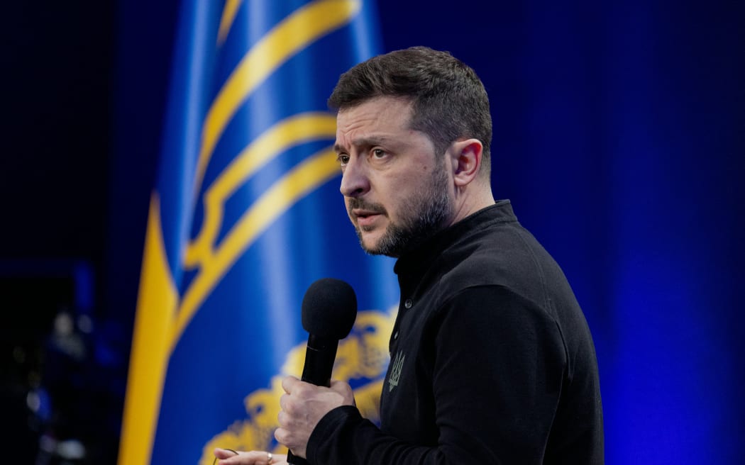 Ukraine's President Volodymyr Zelensky speaks during a joint press conference on the sidelines of the "Ukraine. Year 2025" forum in Kyiv on February 23, 2025, amid the Russian invasion of Ukraine.