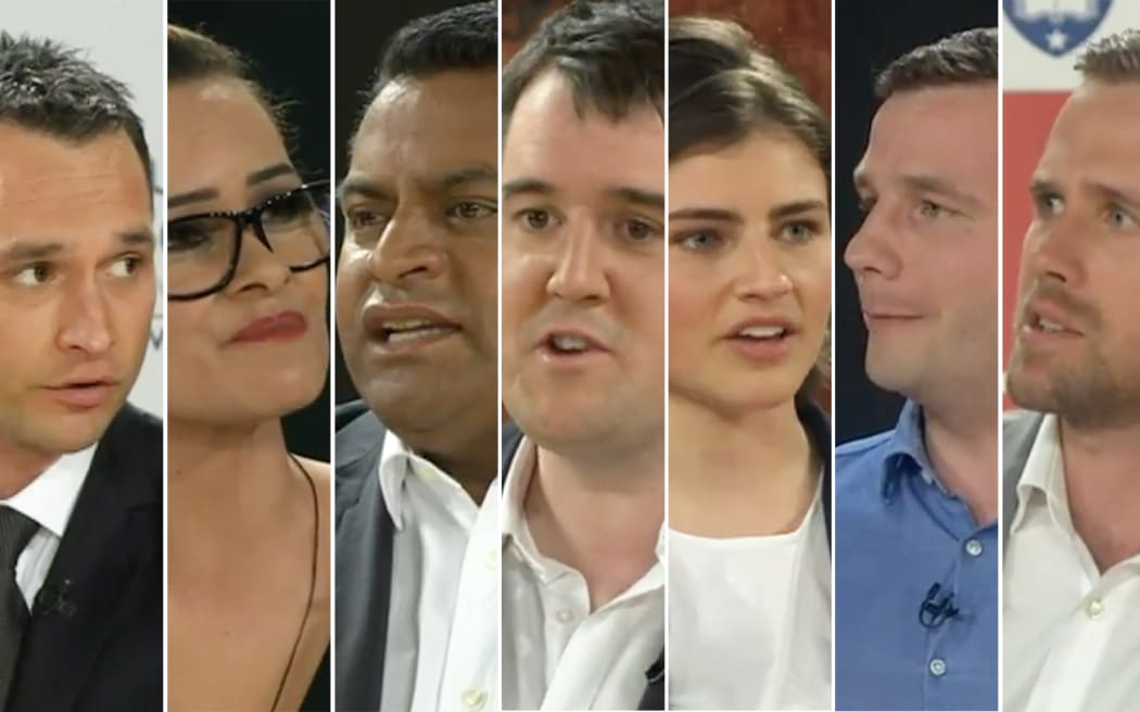 NZ First’s Darroch Ball, the Māori Party’s Carrie Stoddart-Smith, Labour’s Kris Faafoi, National’s Chris Bishop, the Green Party’s Chlöe Swarbrick, ACT’s David Seymour, and United Future’s Damian Light at the TVNZ Young Voters Debate.