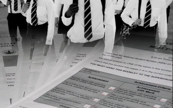 Composite graphic of education imagery. Education, schools, students, curriculum, NCEA, learning, books.