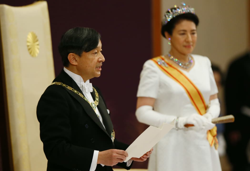 Japanese new Emperor Naruhito delivers the first speech after the accession during his first audience ceremony, Sokui-go-Choken-no-Gi, at Imperial Palace in Tokyo on May 1, 2019.