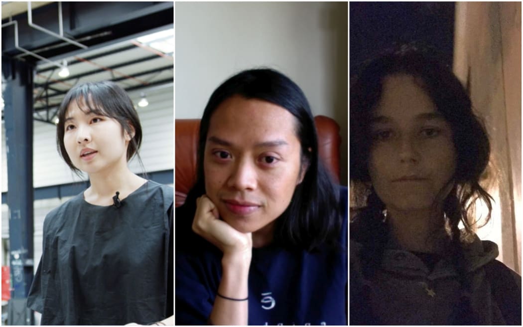 Yona Lee, Sorawit Songsataya and Meg Porteous, winners of the 2020 In Residence programme at the Govett-Brewster / Len Lye Centre.