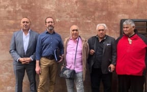 From left: Pita Tipene (co-chair of hapū alliance Te Kotahitanga);   Treaty Negotiations Minister Andrew Little;  Tuhoronuku chair Hone Sadler;  Ngāpuhi rūnanga chair Sonny (Raniera)Tau, Rudy Tayor, co-chair Te Kotahitanga.