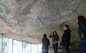 A tour group looks at the rock art, including one well-known piece featuring three taniwha.