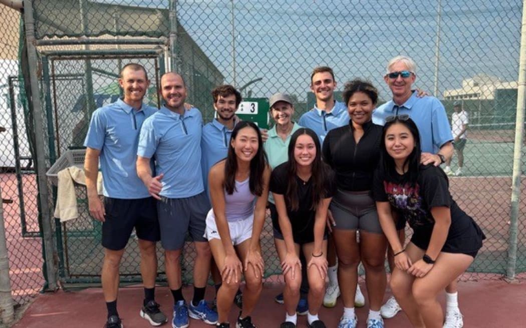 CONTRIBUTED PHOTO

The CNMI 2024 Davis Cup and Billie Jean King Cup players and officials pose for a group shot at the Bahrain Tennis Federation tennis courts in Isa Town, Bahrain. Back from left, Colin Sinclair, Tomas Abel, Robbie Schorr, Davis Cup team manager Karen Buettner, Colin Ramsey, and Davis Cup captain Jeff Race. Front row from left, Carol Lee, Hye Jin Elliott, Asia Raulerson, and Isabel Heras.
