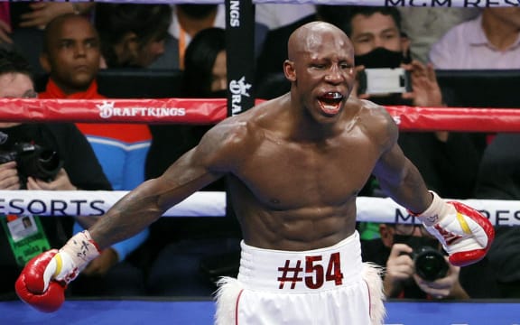 Yordenis Ugas reacts in the ring after his WBA welterweight title fight against Manny Pacquiao at T-Mobile Arena on August 21, 2021 in Las Vegas, Nevada.