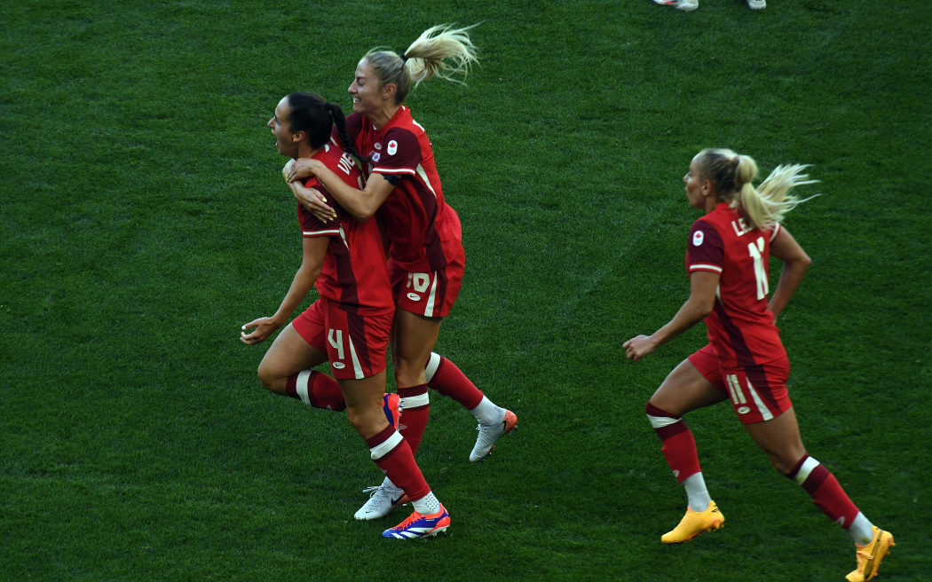 Canada's Evelyne Viens celebrates her goal during the Paris Olympics 2024 Football game between Football Ferns vs Canada at Stade Geoffroy-Guichard, in Saint-Étienne, France. Thursday 25 July 2024. Copyright Photo: Raghavan Venugopal / www.photosport.nz