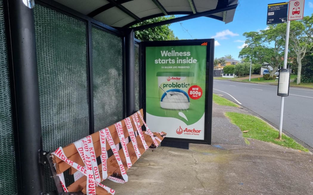 The damaged bus stop at the site of the Half Moon Bay crash.
