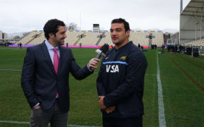 Argentina captain Agustin Creevy talks to a reporter