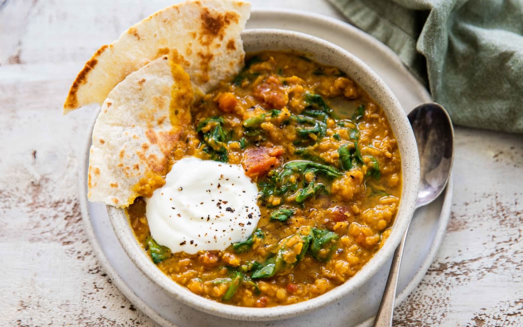 Red lentil, spinach and tomato dhal.