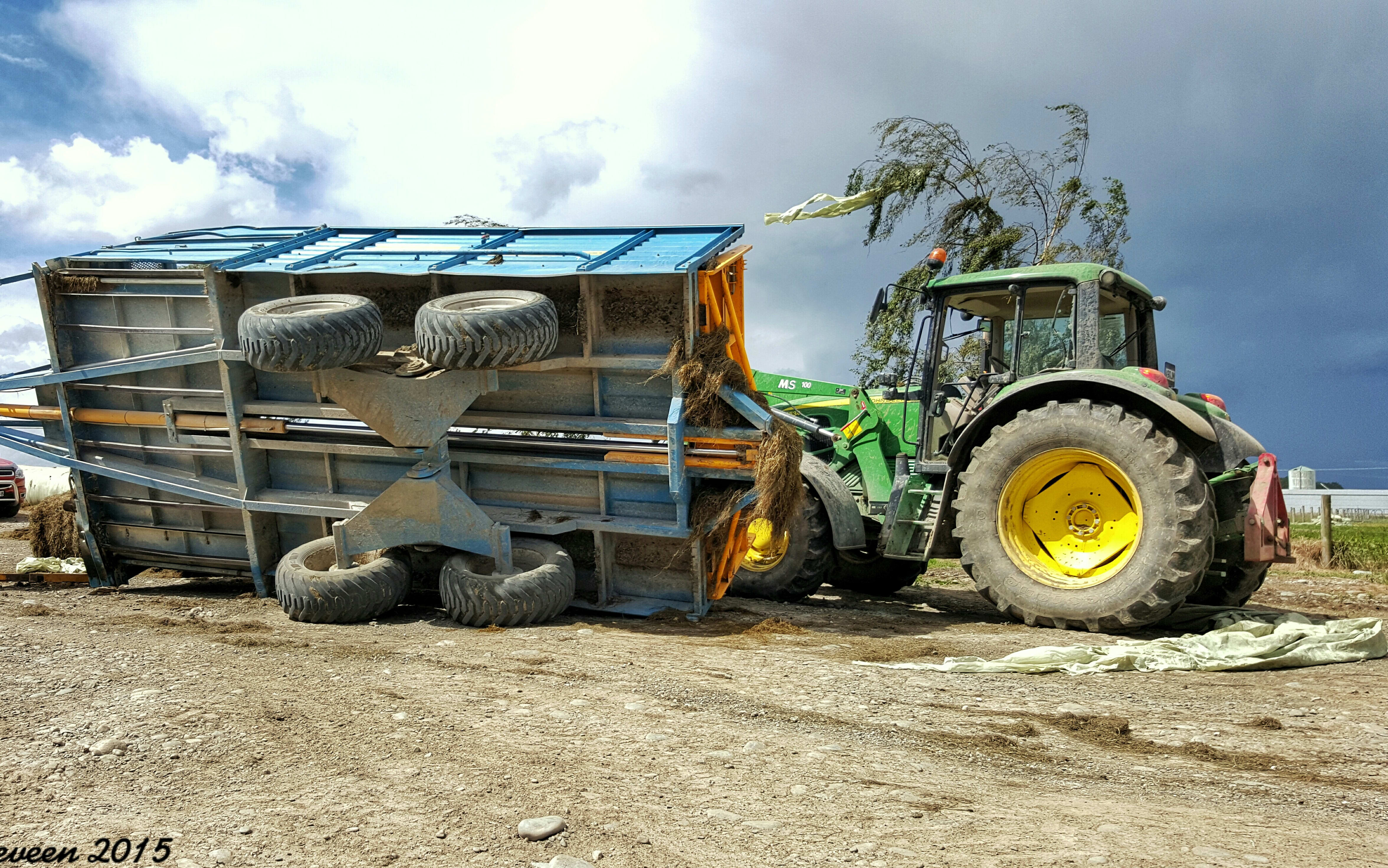 The tornado flipped over Casey Sparrow's silage wagon