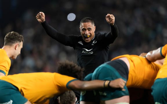 All Blacks halfback Aaron Smith celebrates a scrum win during the Bledisloe Cup/Rugby Championship.