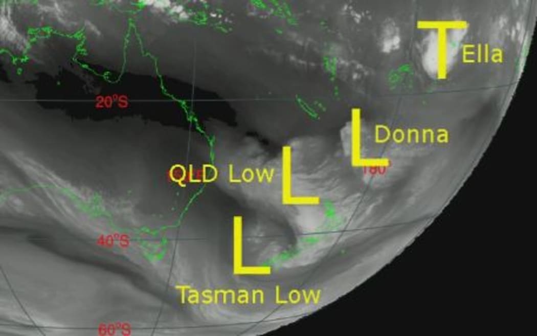 Count 'em 1-2-3-4, a combo of lows. A Tasman low, Queensland low, remnants of Donna and moisture from Tropical Cyclone Ella to cause a May deluge in NZ, Niwa says.