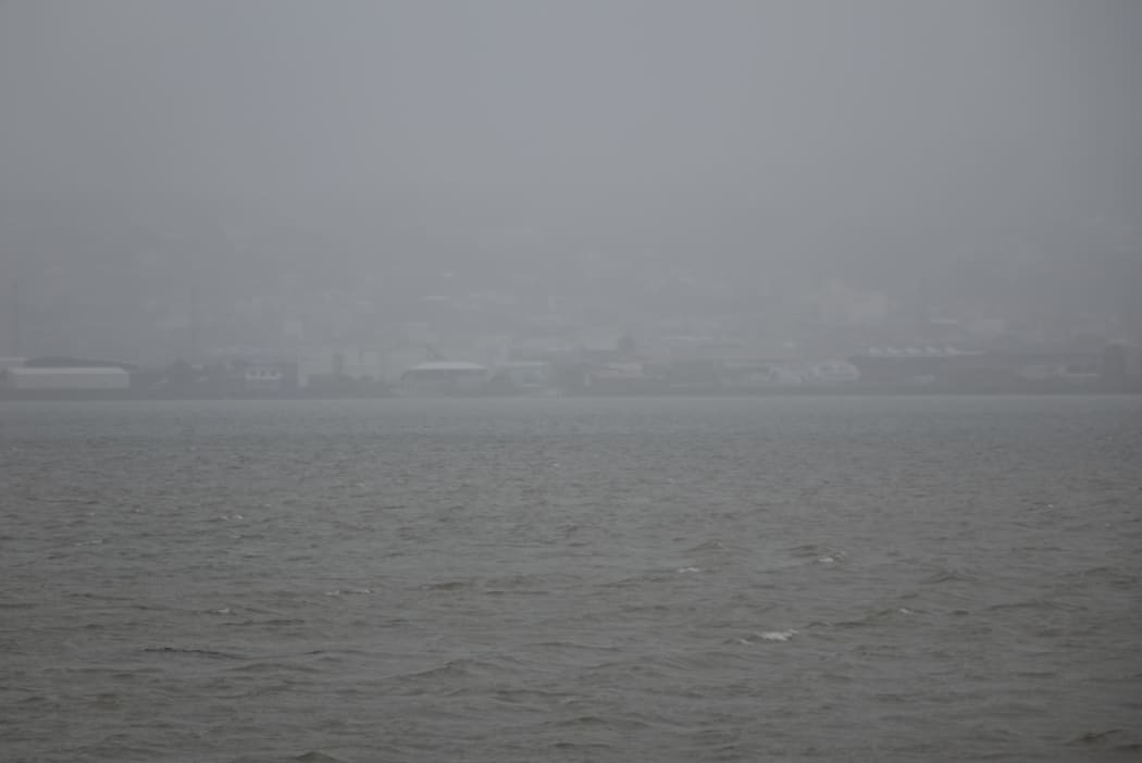 Dunedin hardly visible due to constant rain this morning.