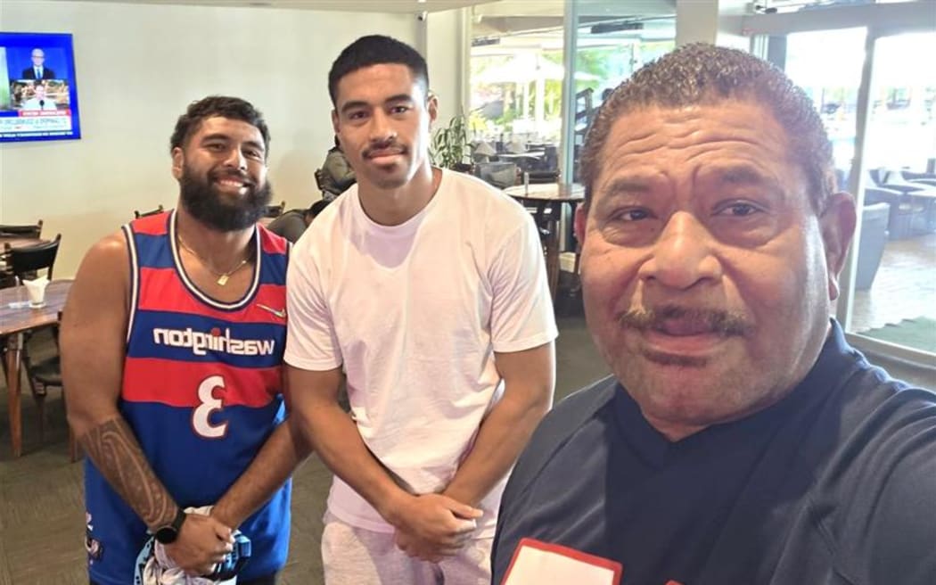 Joeli Veitayaki, right, with son Haereiti Hetet, left, and Salesi Rayasi. Photo: Joeli Veitayaki/FB