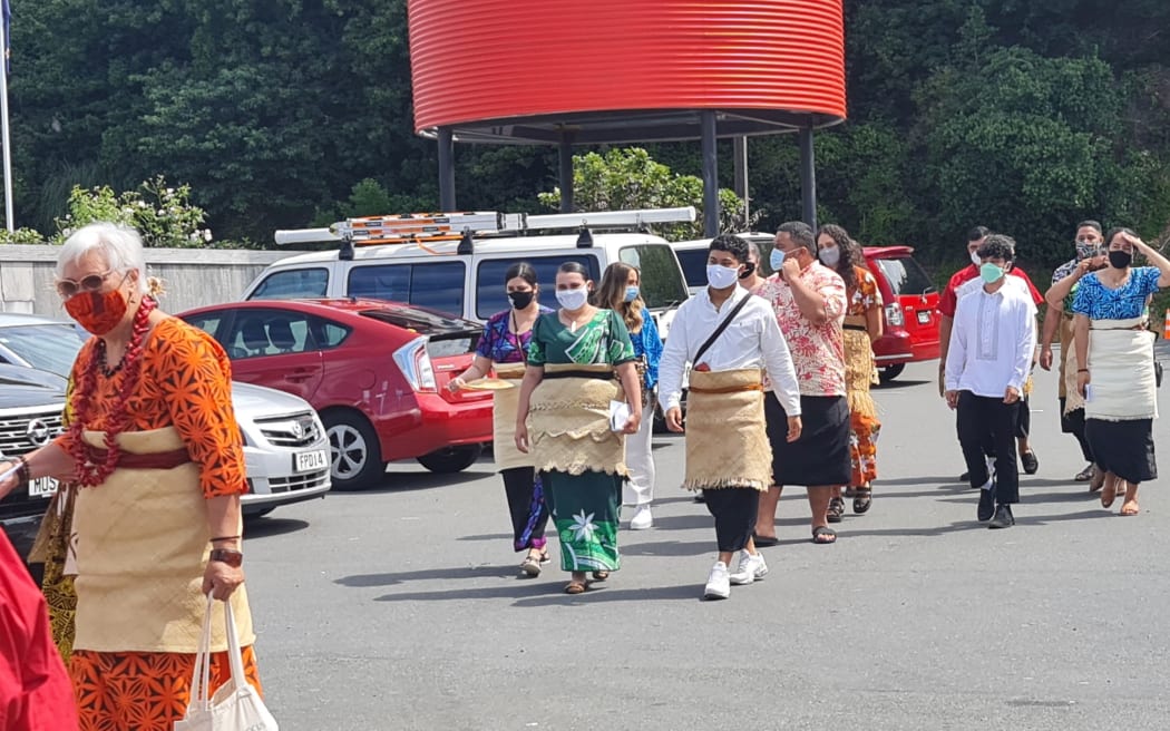 Members of the Victoria University Pacific student body arrive at the 'Ofa ki Tonga-Takanga 'enau fohe