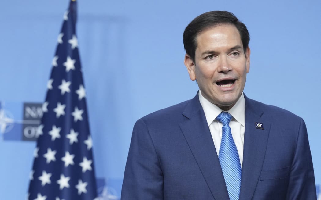 US Secretary of State Marco Rubio holds a joint statement with NATO Secretary General during a meeting of NATO Ministers of Foreign Affairs at NATO's headquarters in Brussels on April 3, 2025.