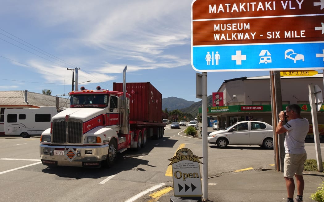 A main street in Murchison which has had a big increase in the number of trucks since SH1 through Kaikōura closed.
