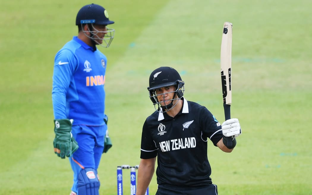Ross Taylor reaches his half century for the Black Caps against India in their 2019 Cricket World Cup semi-final.