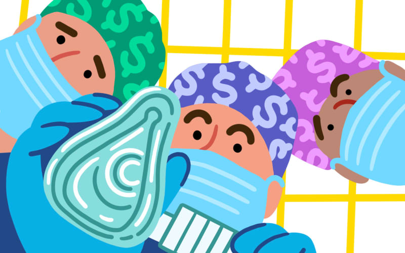 Stylised illustration of anesthetic technicians with dollar signs on headbands applying anesthesia mask.