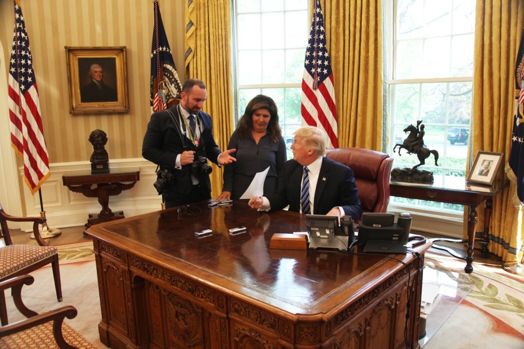 Graeme Jennings, Washington Examiner reporter Salena Zito and President Donald Trump