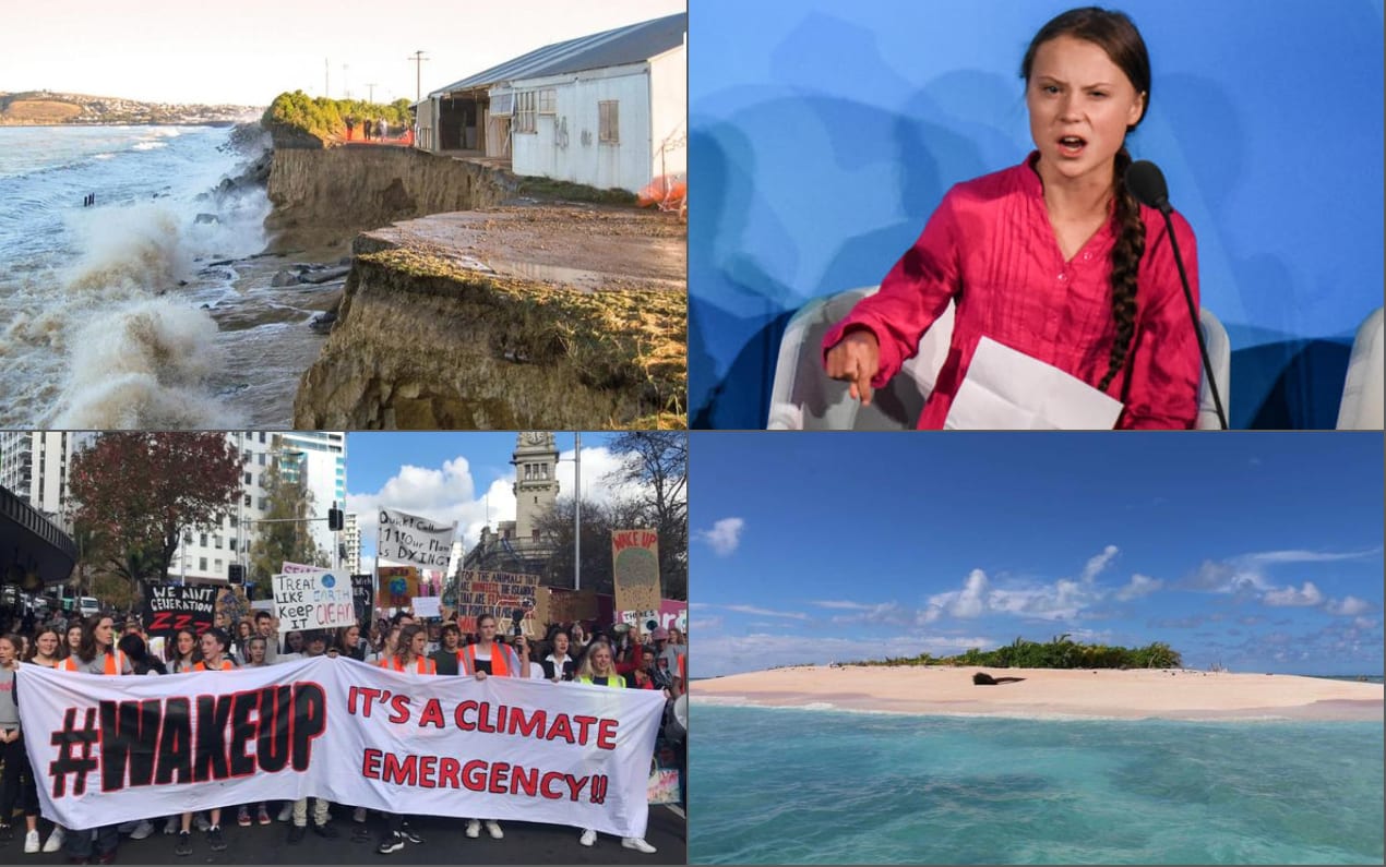 The coastal cliffs at Oamaru were washed away in 2017, climate activist Greta Thunberg, climate protest in Auckland, small island of Tuvalu.