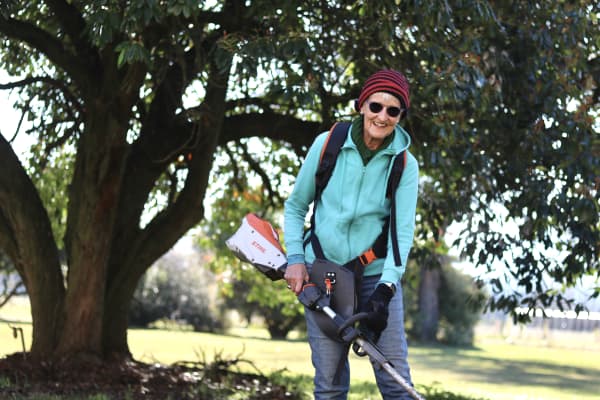 Penny Clark has swapped council meetings for a caravan on the Earnscleugh Castle lawn, restoring the grounds and helping with pest control.