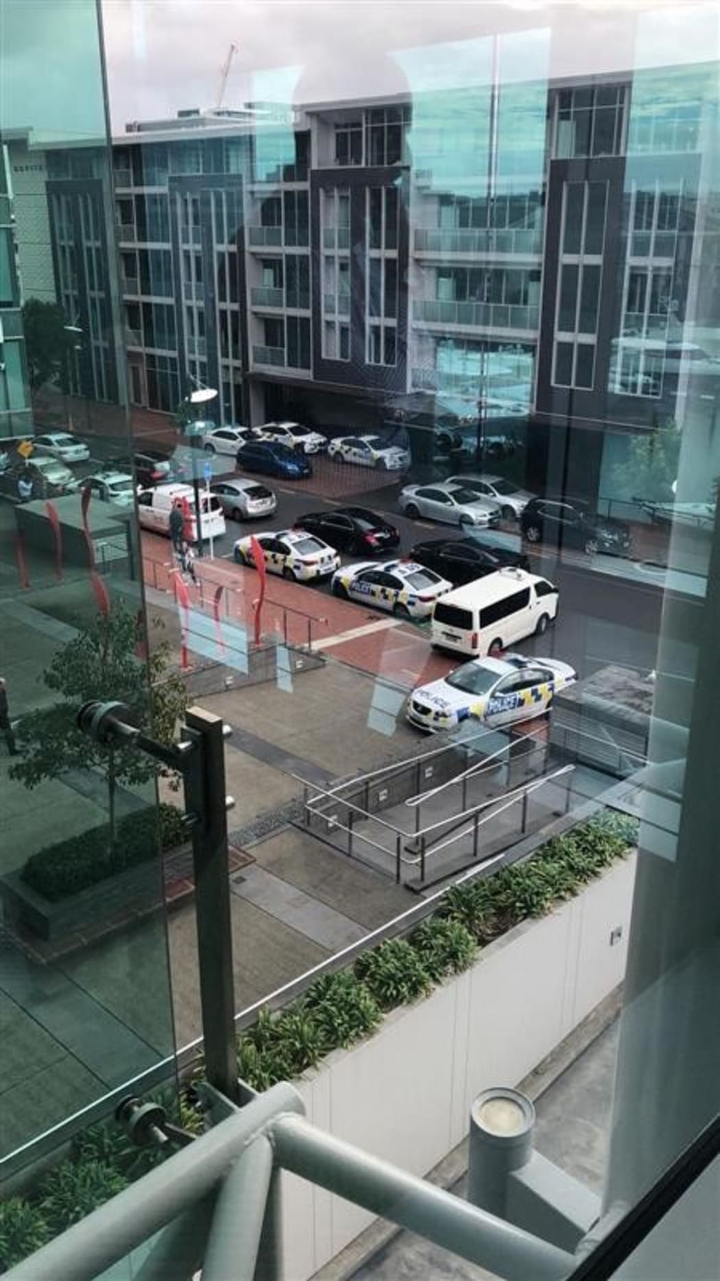 Police cars at the Sofitel in Auckland's Viaduct Harbour.