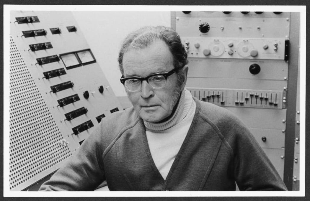 Douglas Lilburn, inside the electronic music studio, Victoria University, Wellington, circa 1975.