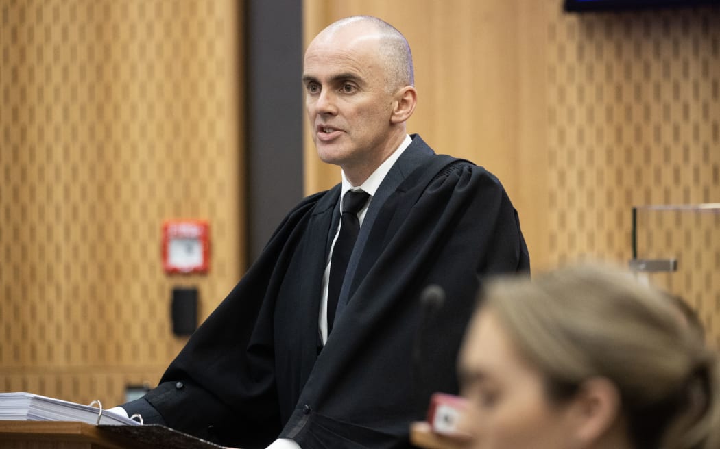 Lauren Anne Dickason is on trial in the Christchurch High Court charged with three counts of murder of her children six-year-old Liane and two-year-old twins Maya and Karla at their Timaru home on September 16, 2021. Pictured: Crown Prosecutor Andrew McRae. 17 July 2022 New Zealand Herald Photograph by George Heard