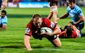 Joe Moody of the Crusaders try during the Super Rugby match, Crusaders V Waratahs, AMI Stadium, Christchurch, New Zealand, 12th May 2018