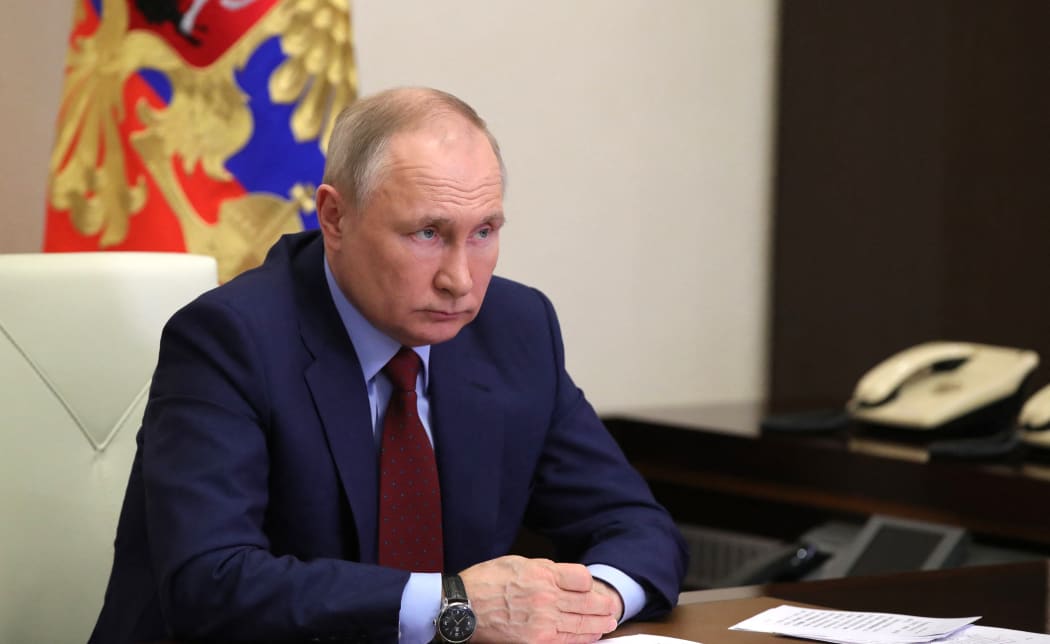 Russian President Vladimir Putin chairs a meeting on agriculture via a video link at the Novo-Ogaryovo state residence outside Moscow on 5 April 2022.