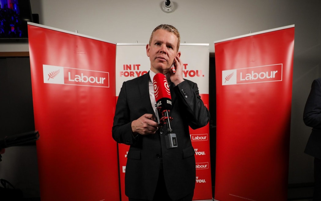 Labour Party leader Chris Hipkins talks to media after the party's major losses in the 2023 election.