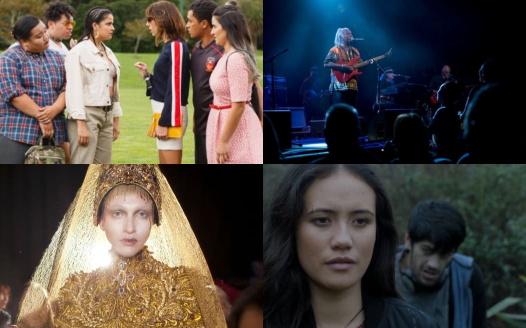 New Zealand films in 2018 include (clockwise from top left) The Breaker Upperers; Herbs - Songs of Freedom; Maui's Hook and Yellow is Forbidden.