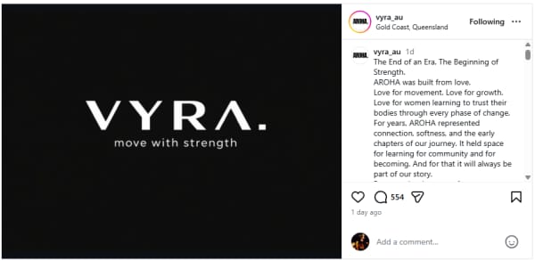 Australian activewear label once called AROHA has changed it's name to VYRA.