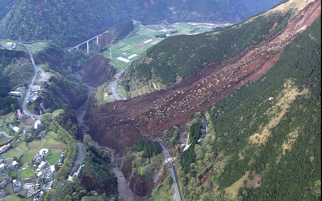An aerial view of a landslide in Mimami-Aso, Kumamoto prefecture in Japan, following another serious earthquake.