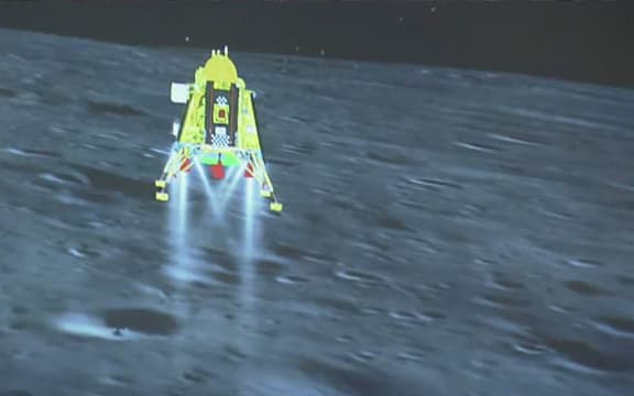 This handout screen grab taken and received from the live feed of Indian Space Research Organisation (ISRO) website on August 23, 2023, shows the Chandrayaan-3 spacecraft seconds before its successful lunar landing on the south pole of the Moon.